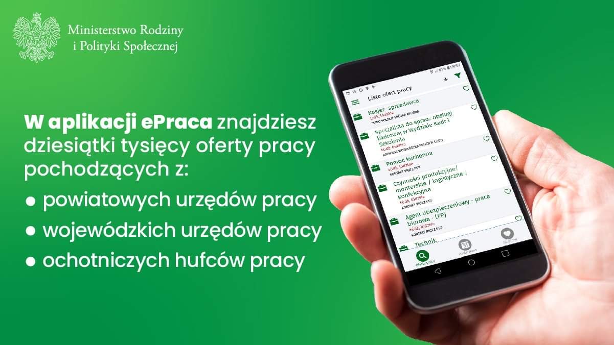 Zdjęcie zawiera obraz telefonu z ofertami pracy w aplikacji ePraca