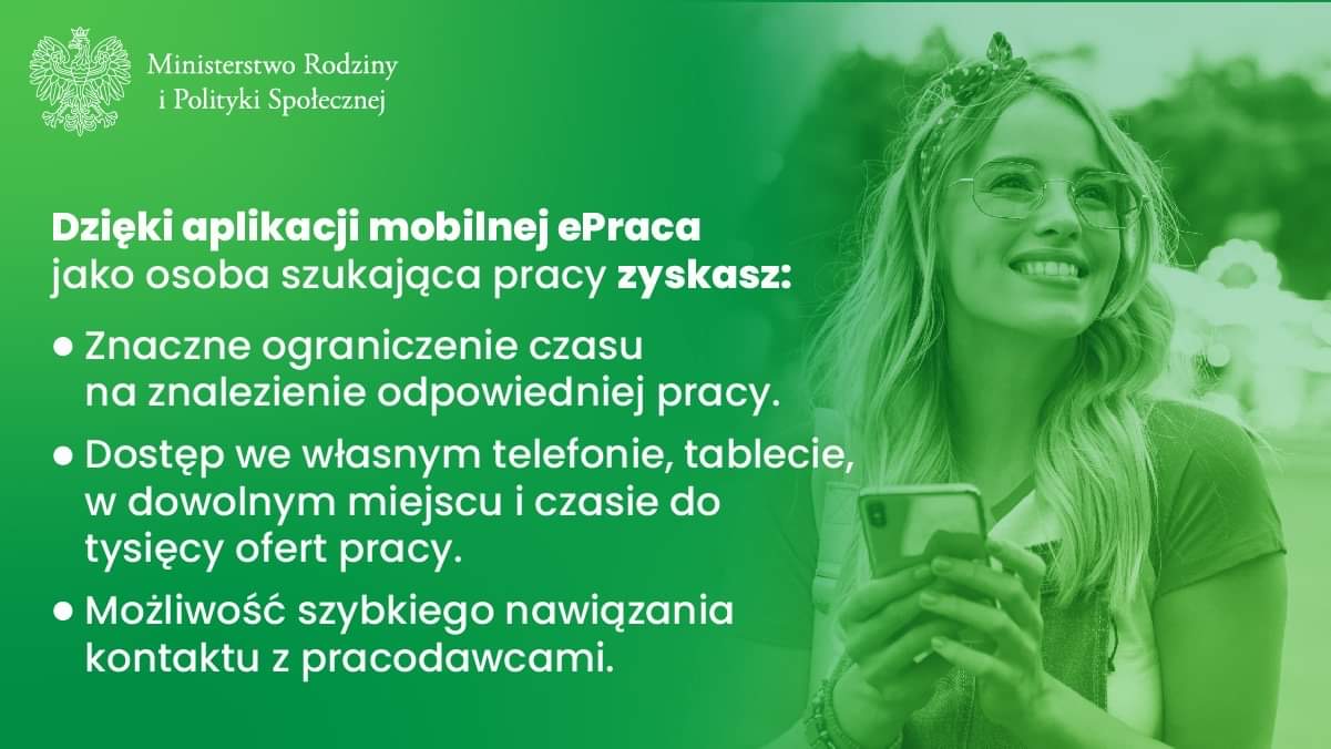 Młoda kobieta uśmiechnięta z telefonem w ręku oraz tekst podsumowujący zalety aplikacji ePraca